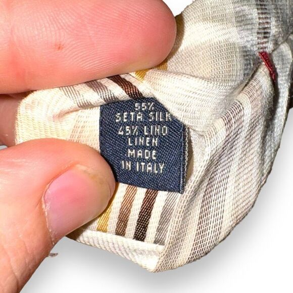 Luciano Barbera Tan Striped Handmade Silk & Linen Tie - Picture 5 of 7